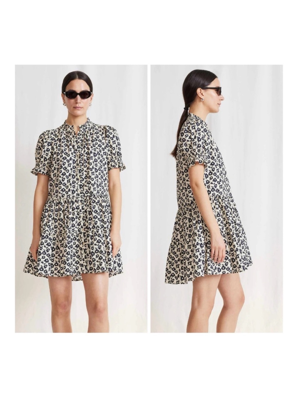 Short Tiered Floral Print Dress in Cream and Black